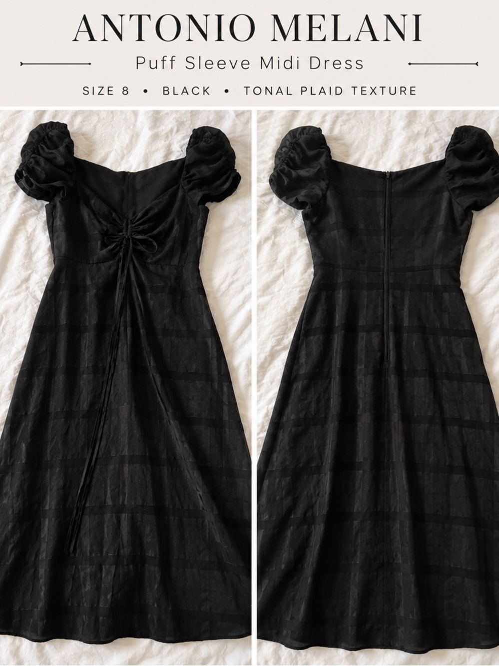 Antonio Melani Puff Sleeve Midi Dress | Size 8 | Elegant Black Occasion Dress - Picture 1 of 6